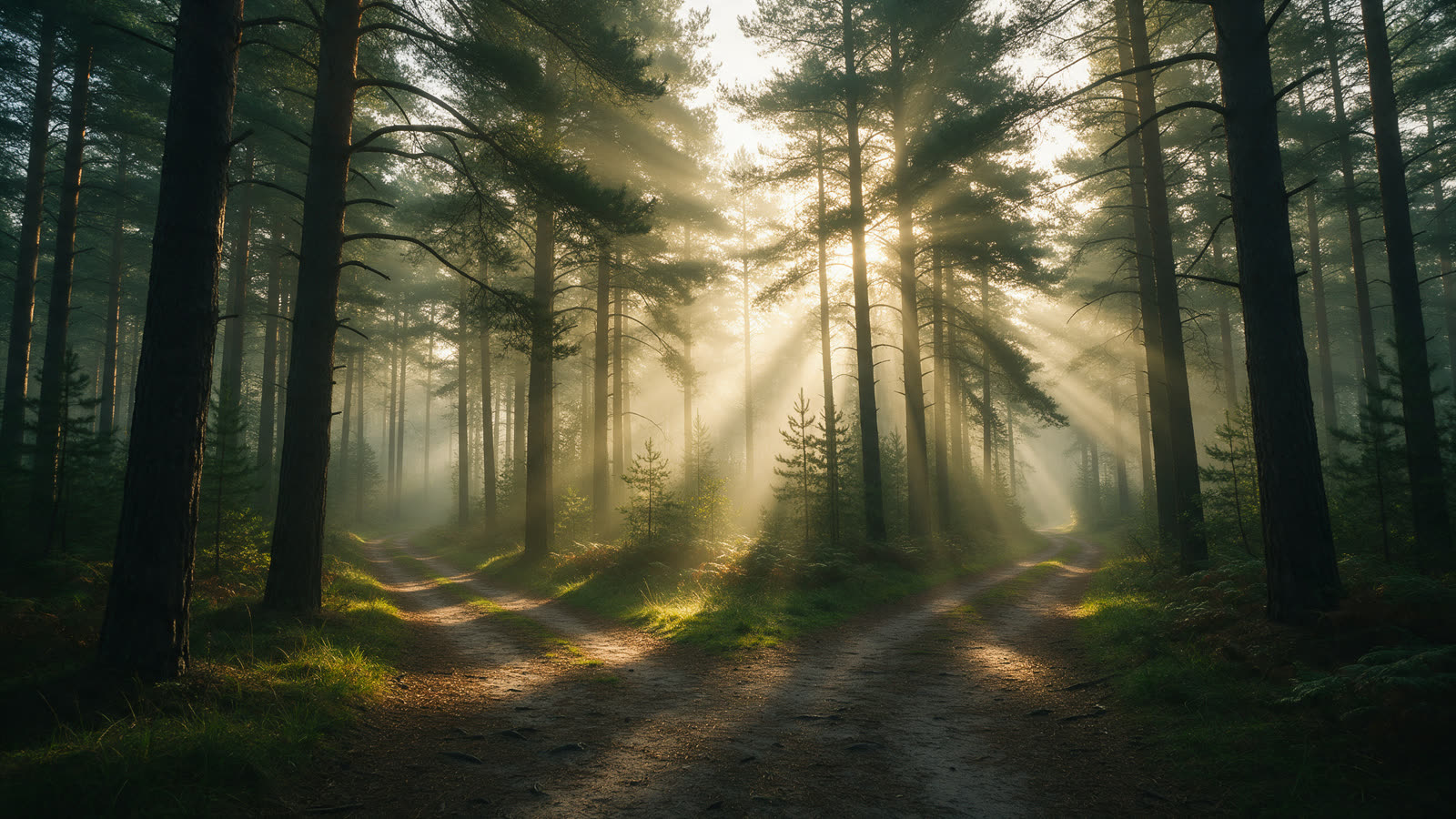 WholePathPartners.com: partnership and whole-person care domain Two forest trails merging into one path through tall pines in morning fog