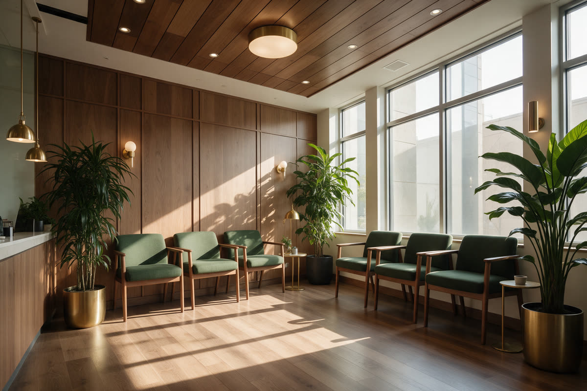 Integrative health clinic Modern clinic waiting room with wood, green chairs and tall plants