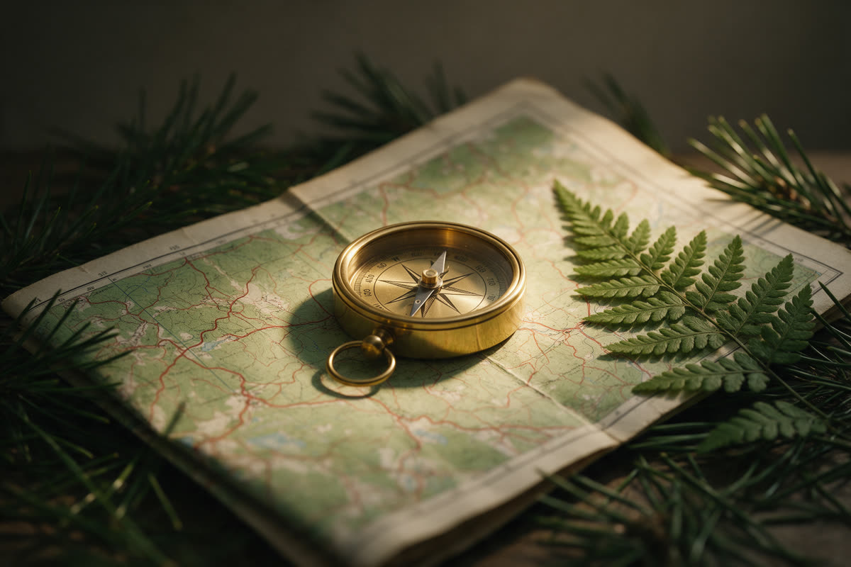 Compass and trail map Brass compass on a folded trail map with pine needles and fern